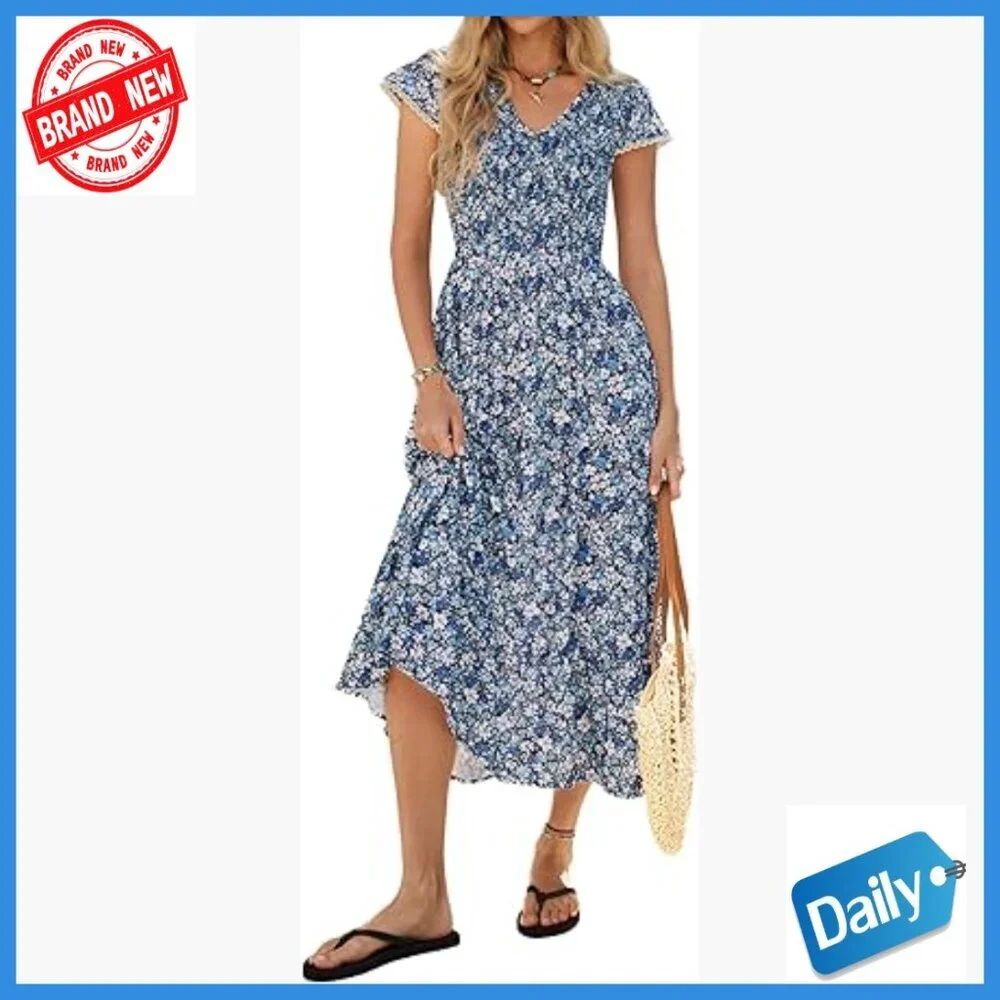 Summer Maxi Dress with Pockets, V-Neck Smocked Bodice, Flowy Boho Sundress